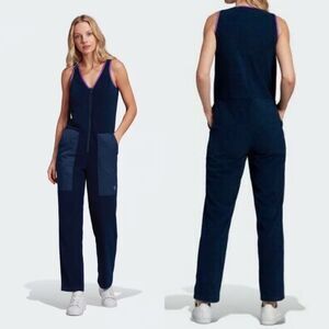 Adidas Women L COLLEGIATE Jumpsuit Navy Blue Fleece Zip Body Suit FU3799 NEW